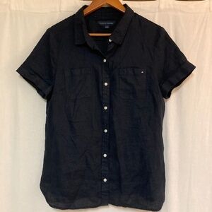 Tommy Hilfiger Navy Blue Short Sleeve Button Down Linen Shirt Large